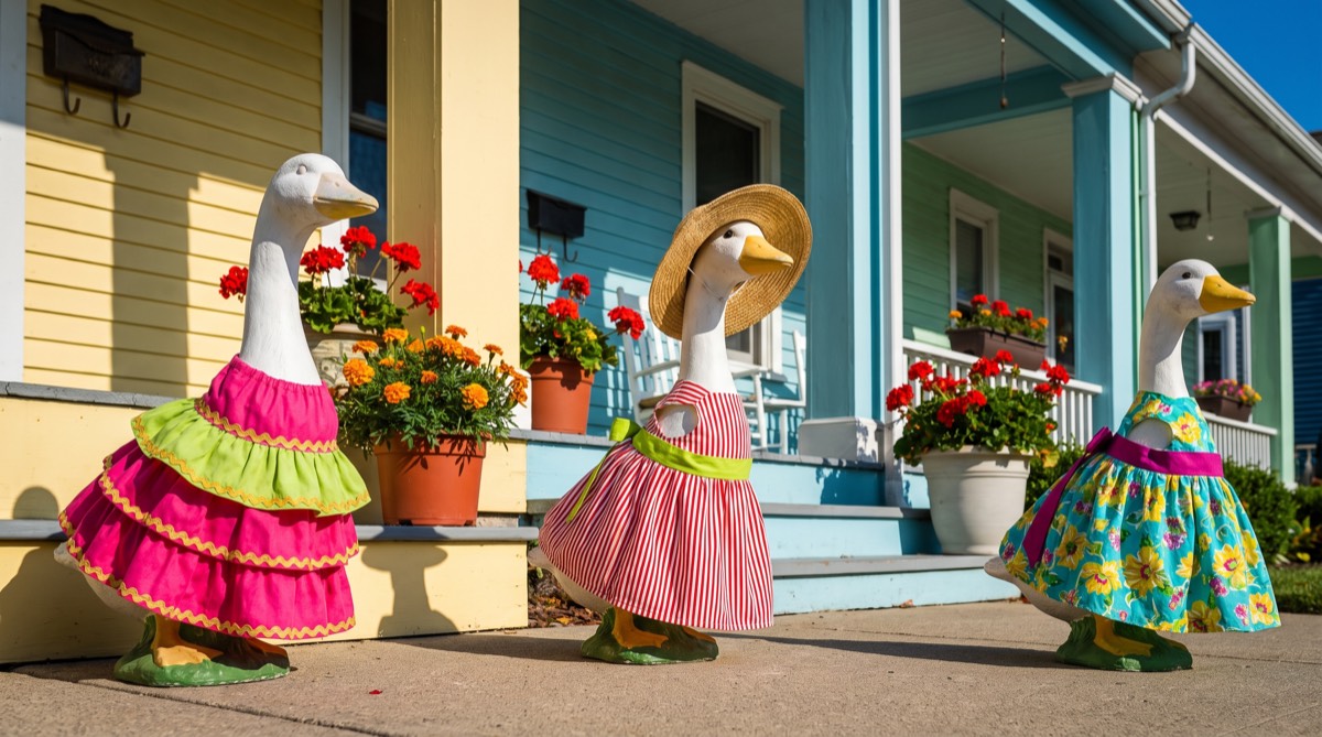 Three neighbouring front porches painted yellow, teal and green, photographed from the street. Each has a concrete lawn goose on it, dressed in a different hand-sewn outfit: a pink and lime ruffled skirt, a red-striped dress with a straw sun hat, and a turquoise floral dress with a pink sash.